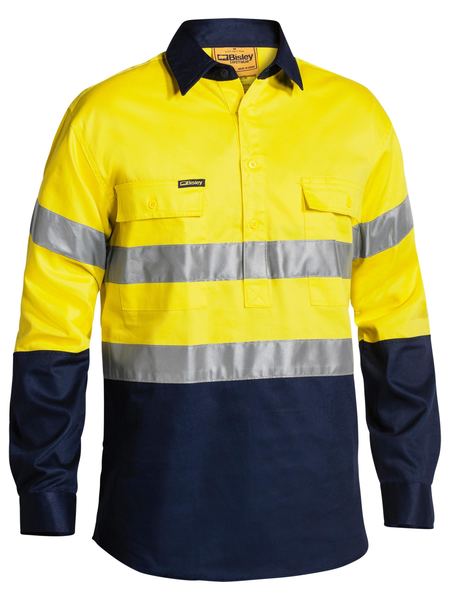 Bisley 2 Tone Closed Front Hi Vis Drill Shirt 3M Reflective Tape - Long Sleeve