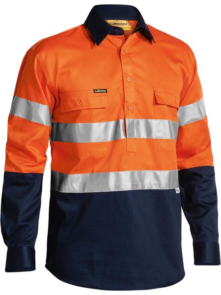 Bisley 2 Tone Closed Front Hi Vis Drill Shirt 3M Reflective Tape - Long Sleeve