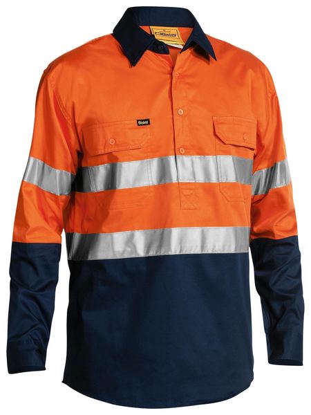 Bisley 2 Tone Hi Vis Cool Lightweight Closed Front Shirt 3M Reflective Tape - Long Sleeve