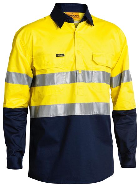 Bisley 2 Tone Hi Vis Cool Lightweight Closed Front Shirt 3M Reflective Tape - Long Sleeve